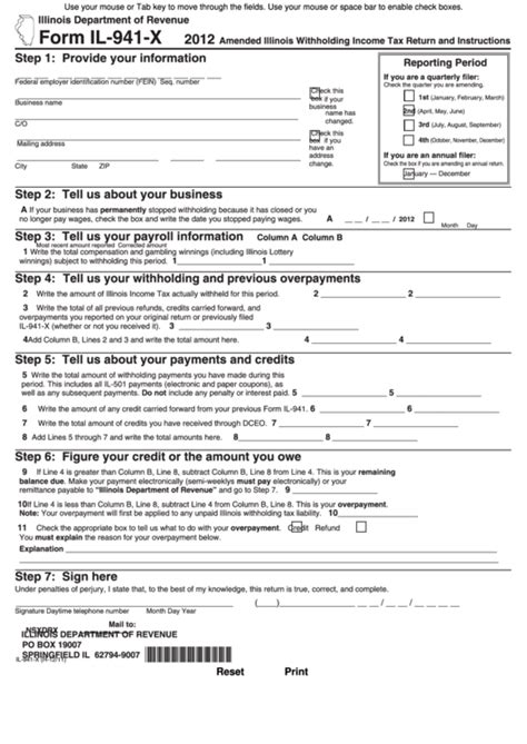 Form Il 941 X Amended Illinois Withholding Income Tax Return And Instructions 2012 Printable