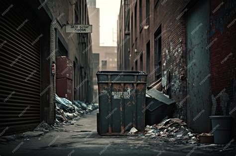 Premium Ai Image Metal Dumpster In Alley With Overflowing Garbage