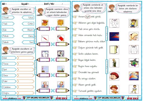 1 Sınıf Türkçe Dil Bilgisi 5 Konu 1 Sınıf Zıt Anlamlı Kelimeler