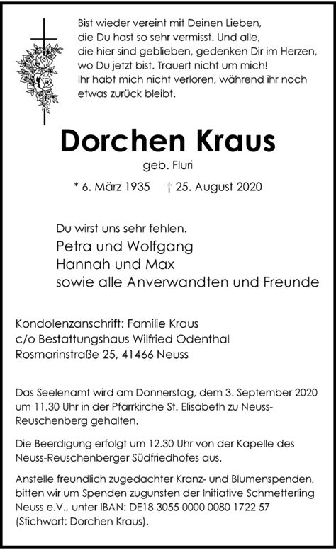 Alle Traueranzeigen F R Dorchen Kraus Trauer Rp Online De