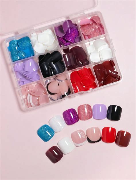 288pcs12colors Short Square Press On Toenails 4 Glitter Press On Toenails Full Cover 6 Glossy