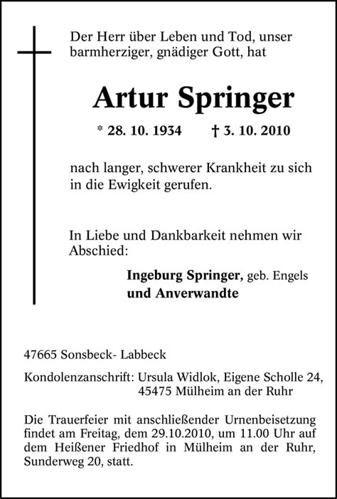 Traueranzeigen Von Artur Springer Trauer In Nrw De