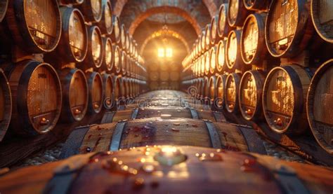 Wine Barrels Stacked In The Old Cellar Of The Winery Stock Image