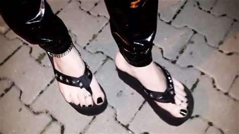 Crossdresser On A Public Street In Latex Leggings And Sexy Platform Flip Flops Shemale Porn