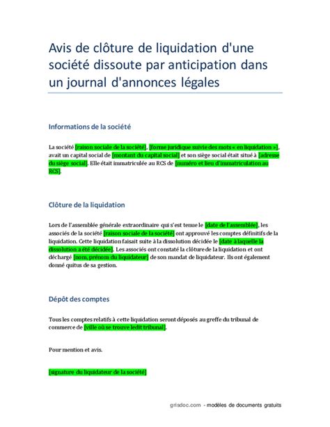 Publication de clôture de liquidation anticipée d une société DOC