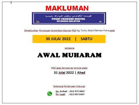 Notis Tutup Pedi Sempena Awal Muharam