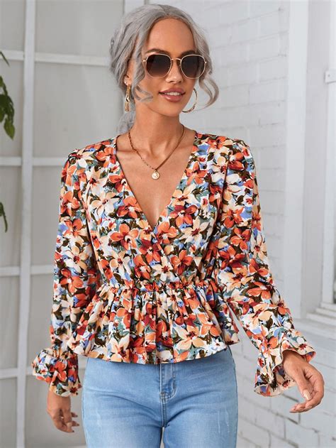 Shein Floral Print Surplice Neck Flounce Sleeve Peplum Blouse Summer