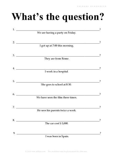 Question And Answer Worksheet For Grade