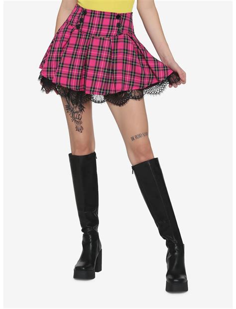 Pink Tartan Lace Trim Pleated Skirt Hot Topic