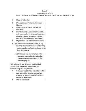 Fillable Online FORM H See SANCTION FOR NON REFUNDABLE WITHDRAWAL FROM