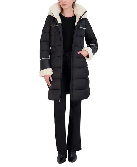 Tahari Women S Faux Shearling Trim Hooded Puffer Coat Macy S