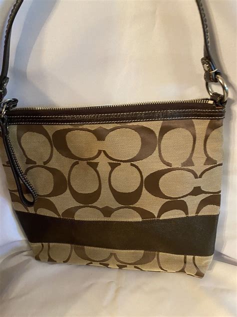 COACH Signature Stripe Shoulder Bag Brown Beige Exce Gem