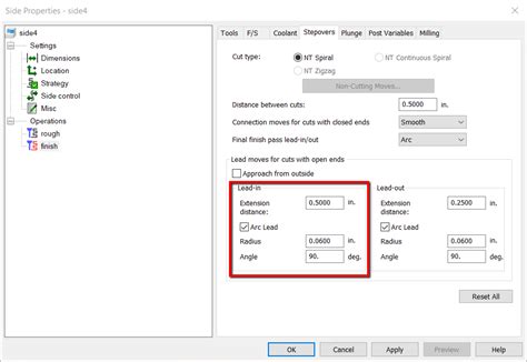 set lead inlead  distances   side feature finish pass