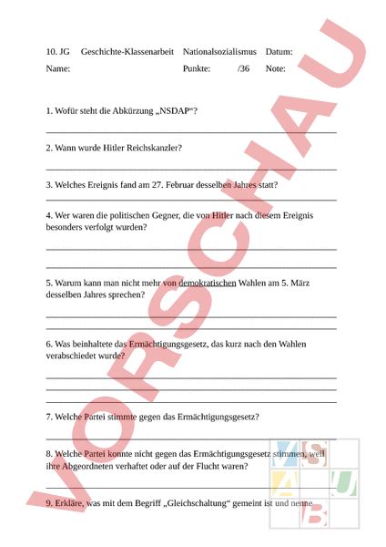 Arbeitsblatt Nationalsozialismus Klassenarbeit Geschichte Neuzeit