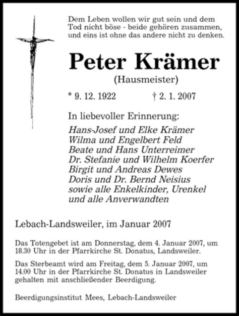 Traueranzeigen Von Peter Kr Mer Trauer Merkur De