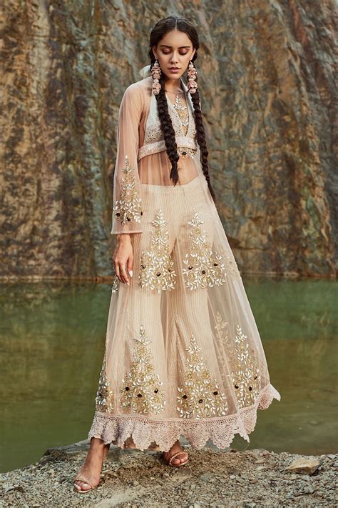 Buy Peach Tulle Embroidery Floral Motifs Overlay Sheer And Bell Bottom