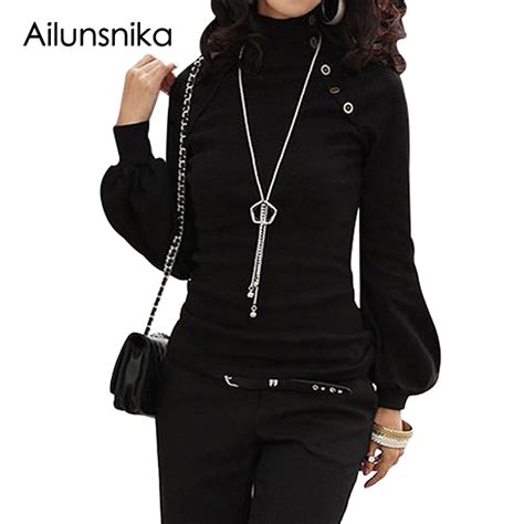 Ailunsnika Spring Autumn Women Casual Long Sleeve Turtleneck Black