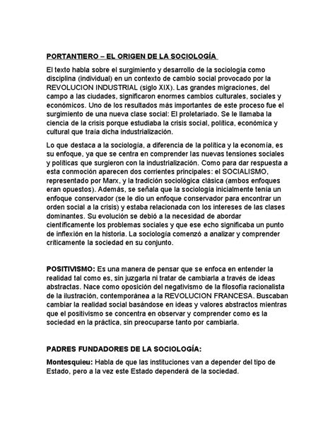 Resumen Sociologia DEL OCIO PORTANTIERO EL ORIGEN DE LA SOCIOLOGÍA