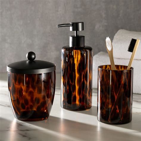 Modern Bathroom Countertop Amber Glass 5 Pcs Bathroom Accessory Set Brown Soap Dispenser And