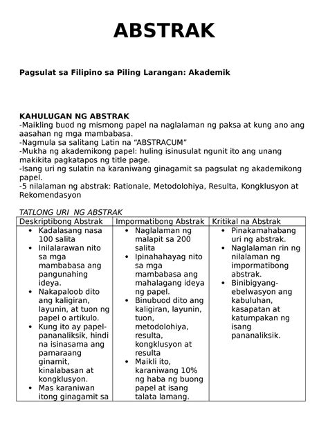 Abstrak Abstrak Pagsulat Sa Filipino Sa Piling Larangan Akademik