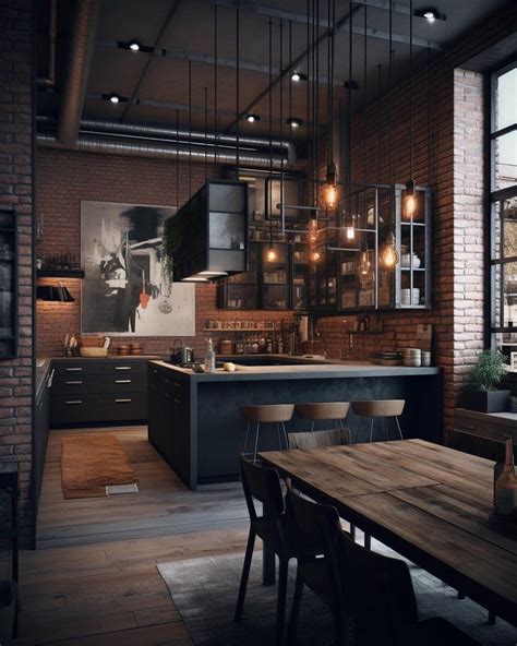 An Industrial Style Kitchen And Dining Room With Exposed Brick Walls