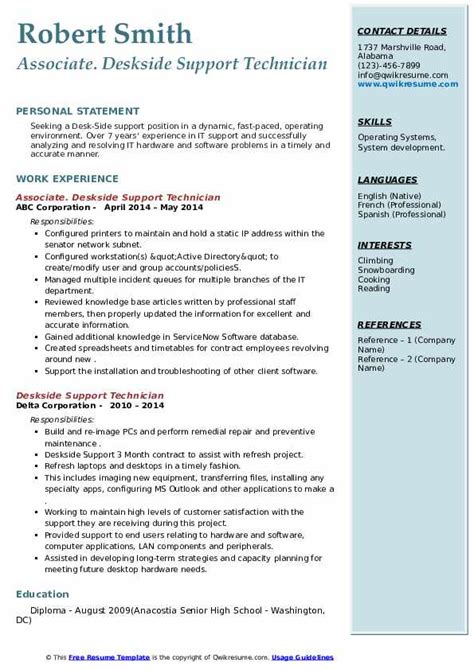 Deskside Support Technician Resume Samples Qwikresume