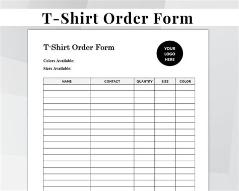 T Shirt Order Form Editable T Shirt Order Template Printable Etsy