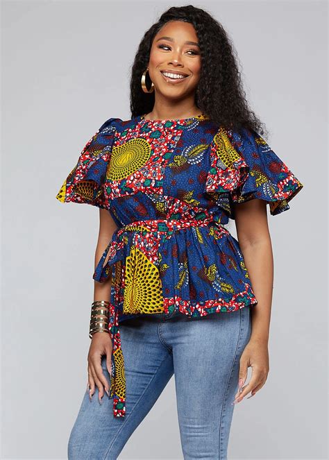 Ayani Peplum Top With Butterfly Sleeve And Tie Yellow Navy Multi Pattern African Print Tops