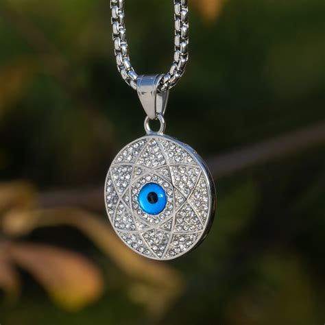 Iced Star Of David Evil Eye Round Pendant Helloice Jewelry