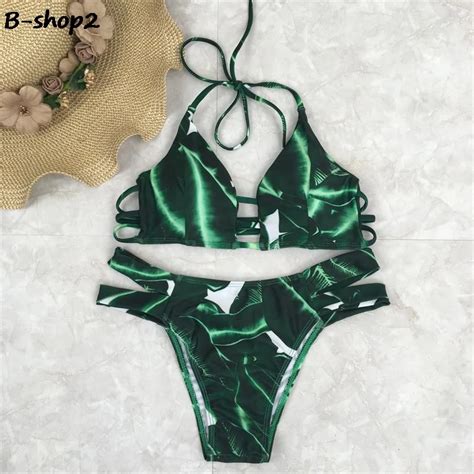 BEKOSHINE Bikini Set 2017 Bathing Suits Print Swimwear Leave Green