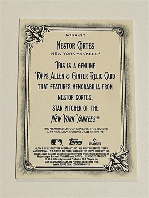 2023 Topps Allen Ginter Baseball Relic A Nestor Cortes New York