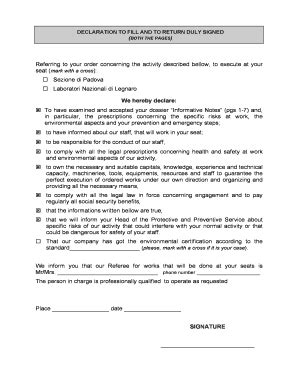 Fillable Online Pd Infn Declaration To Fill And To Return Duly Signed