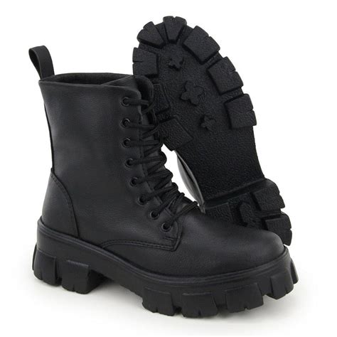 Coturno Feminino Bota Tratorado Cano Curto Cadar O Estilo Preto