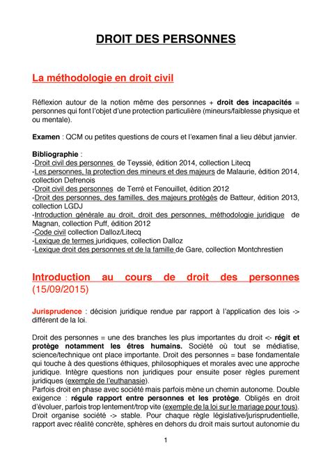 Cours Droit DES Personnes DROIT DES PERSONNES La méthodologie en