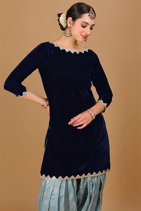 Velvet Navy Blue Lace Embroidered Patiala Suit Lstv127826