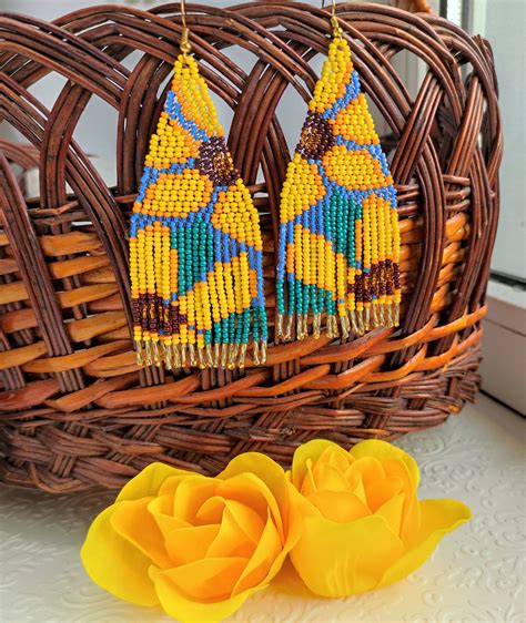 Sunflower Seed Bead Earrings Yellow Flower Beaded Fringe Etsy