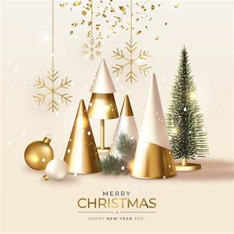 Modern Merry Christmas Greeting Card With Gold And White Trees