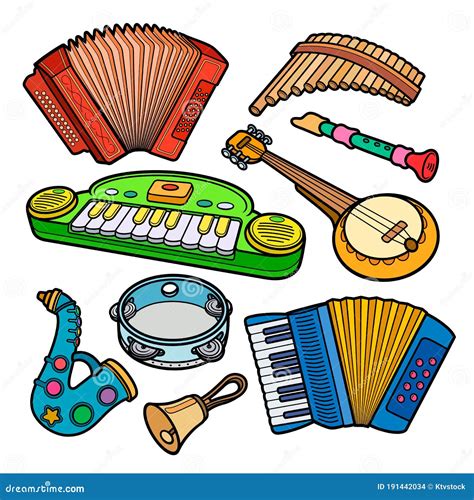 Cartoon Hand Drawn Musical Kids Toys Objects Set Stock Vector