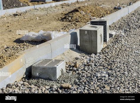 Road Construction Site Closeup Detail Aco Drainage Kerbs Off