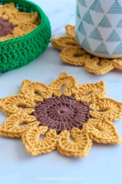 Easy Crochet Sunflower Coasters With Basket Easy Breezy Crochet