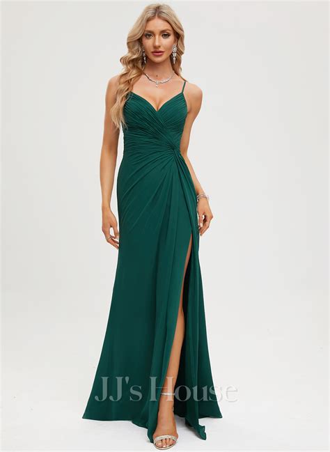 Sheath Column V Neck Floor Length Chiffon Prom Dresses With Pleated