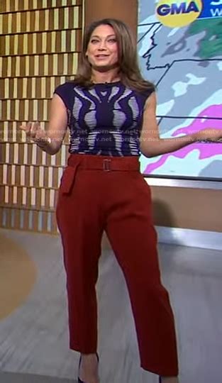 Wornontv Gingers Navy Print Top And Brown Belted Pants On Good Morning America Ginger Zee