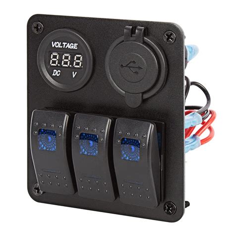 LED Rocker Switch Panel With Voltmeter And Dual USB Port 3 Position