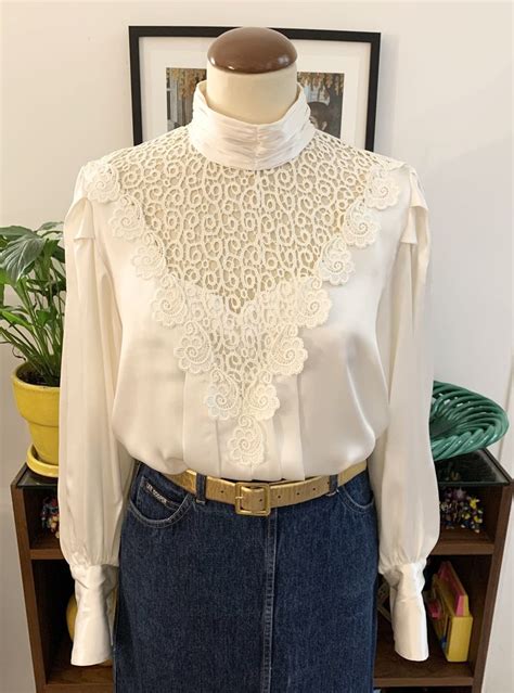 Vintage Satin Blouse Lace Neckline High Neck Puff Sleeves Victorian Elegant Chic Evening Size 38