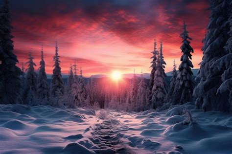 Premium AI Image | a path through a snowy forest at sunset