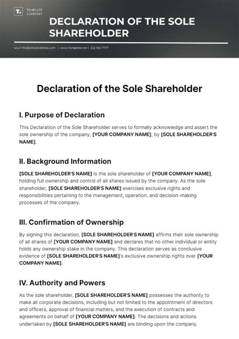 Free Declaration Of The Sole Shareholder Template Edit Online