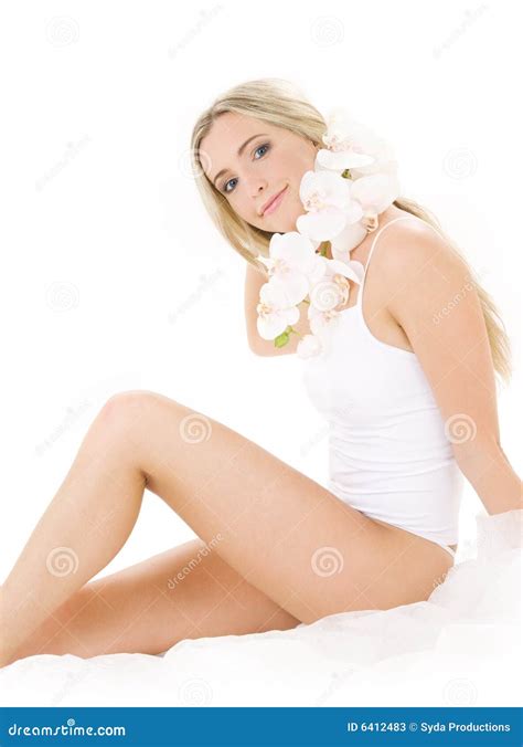 Blonde In Cotton Underwear With Orchid Stock Image Image Of Health Delicate