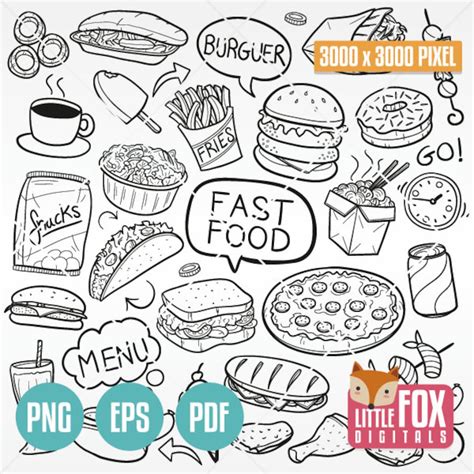 Fast Food Doodle Vector Icons Day Restaurant Menu Doodle Icons