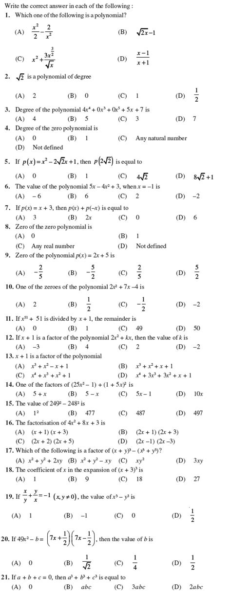 Class 9 Important Questions For Maths Polynomials Ncert Exemplar