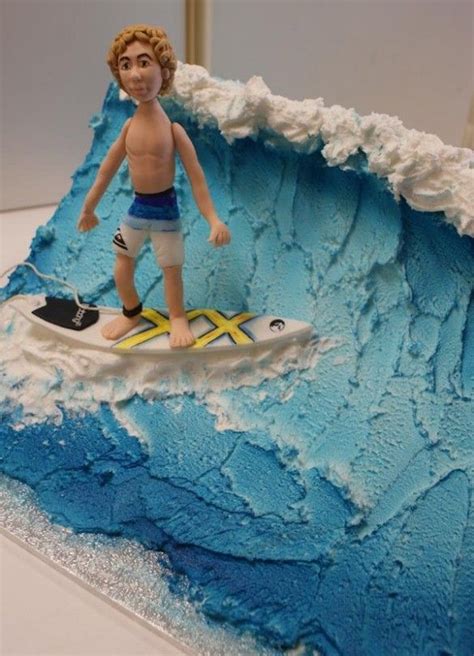 Sugar Paste Figurine On Chocolate Mud Cake Covered With Fudge Surfboard